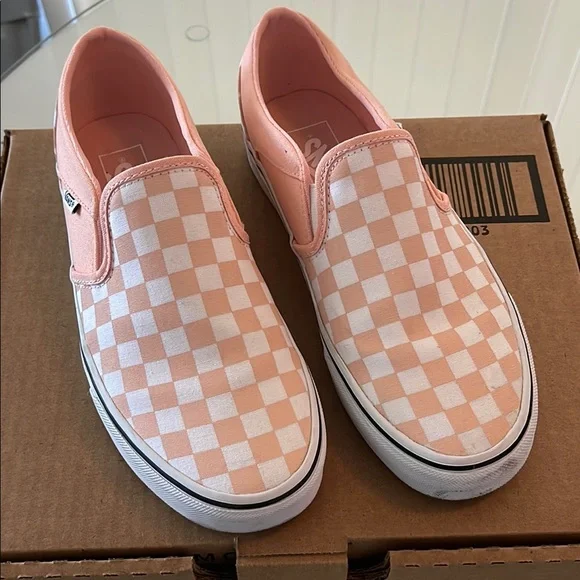Vans Shoes Vans Peach Checkered Slipon Sneakers Poshmark